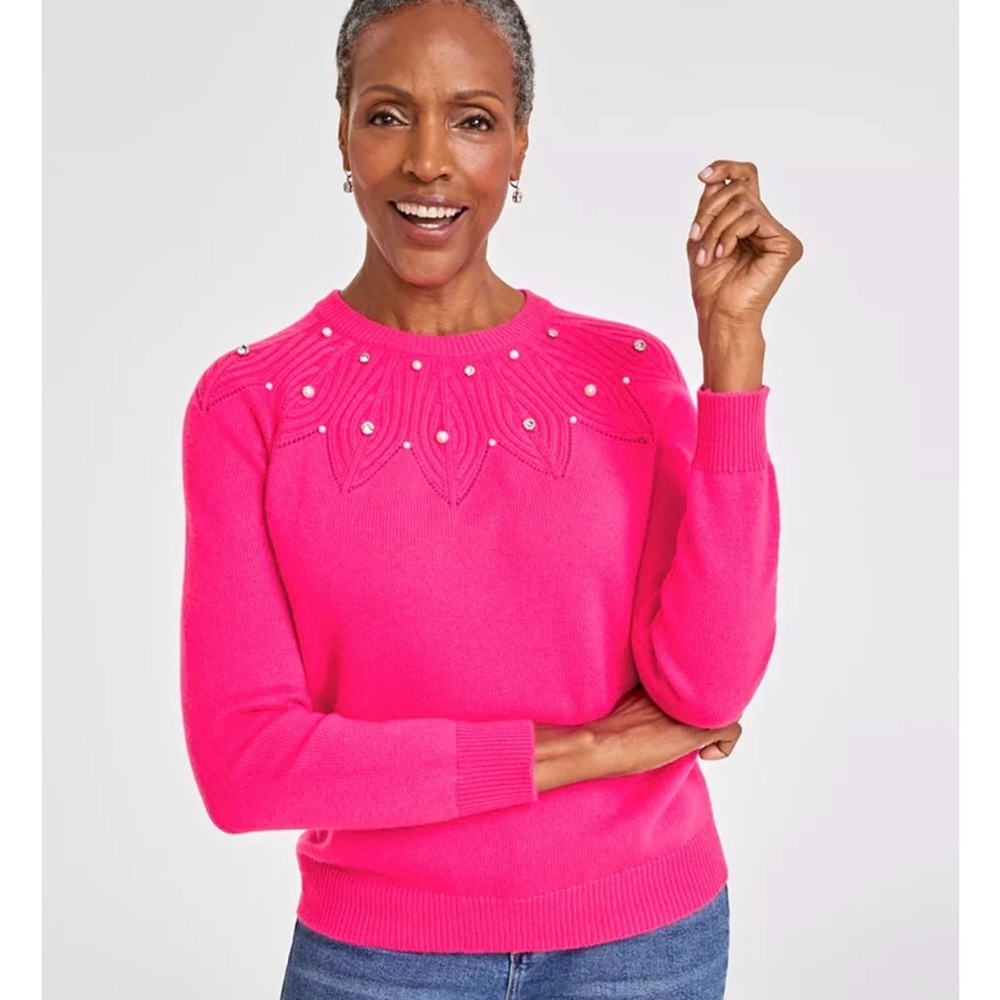 Charter Club Fuchsia Cashmere Sweater with Pearl and Rhinestone Details‎ Sz S